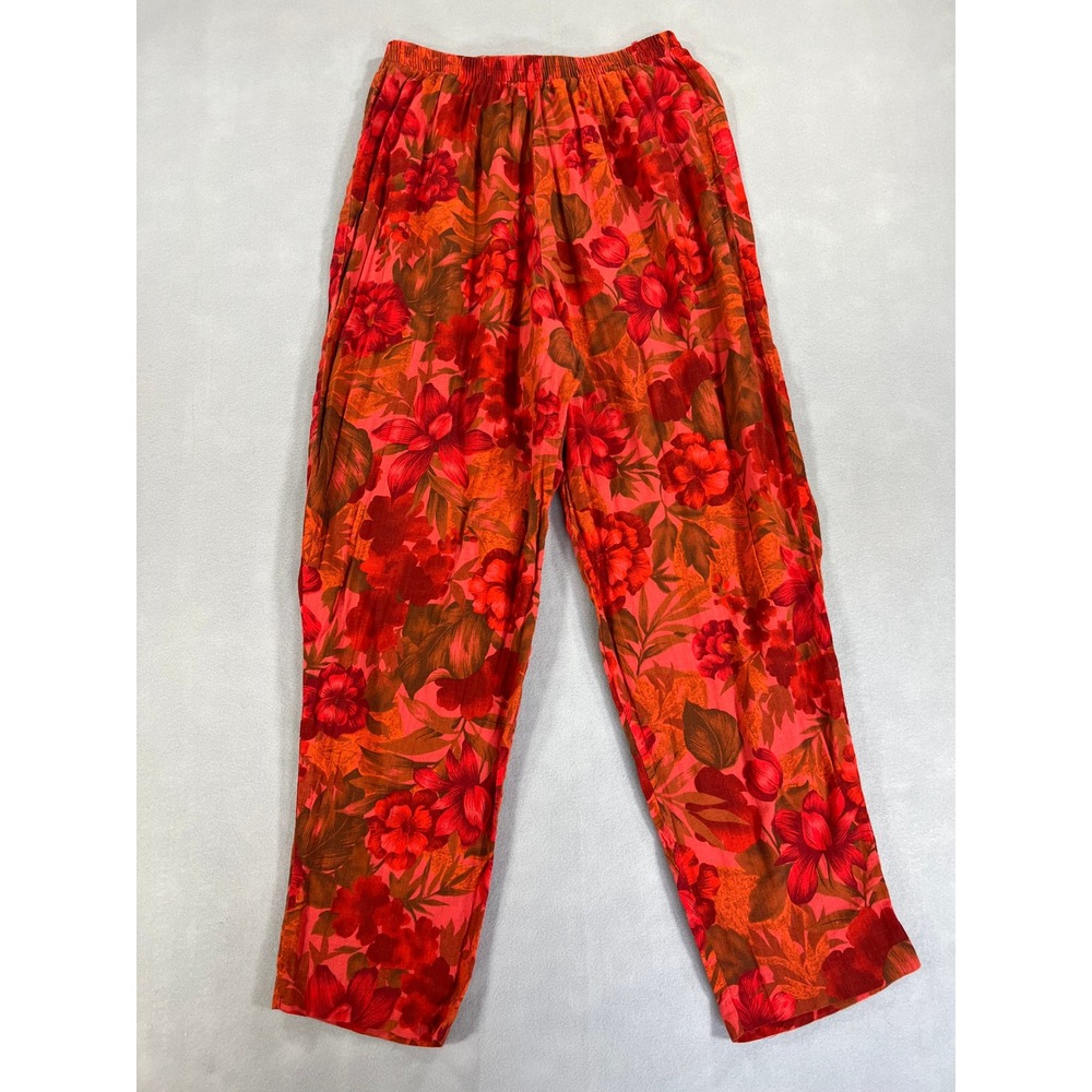 Vintage Capistrano Floral Cotton Pants Red Orange Tropical Sz 16 90s Boho Retro